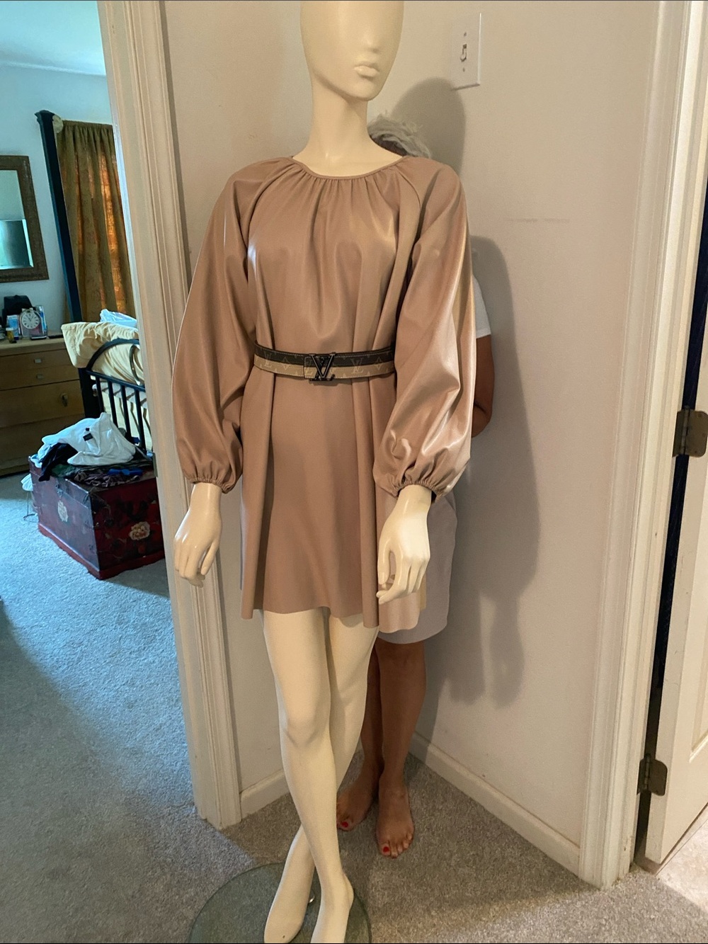 ASOS Taupe Long-Sleeve Gathered-Neck Shift Dress